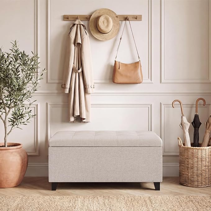 Storage Ottoman Bench, 33" Upholstered Tufted Linen Fabric Footrest Stool with Lift Top, Rectangular Storage Chest for End of Bed, Entryway, Living Room, Beige