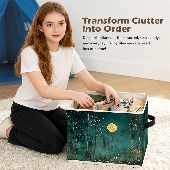 Dark Enchanted Forest Full Moon Storage Box Bins, Mystical Moonlit Night Forest Collapsible Storage Basket Organizer for Bedroom Laundry Room Home Clothes Books, Decor for Room