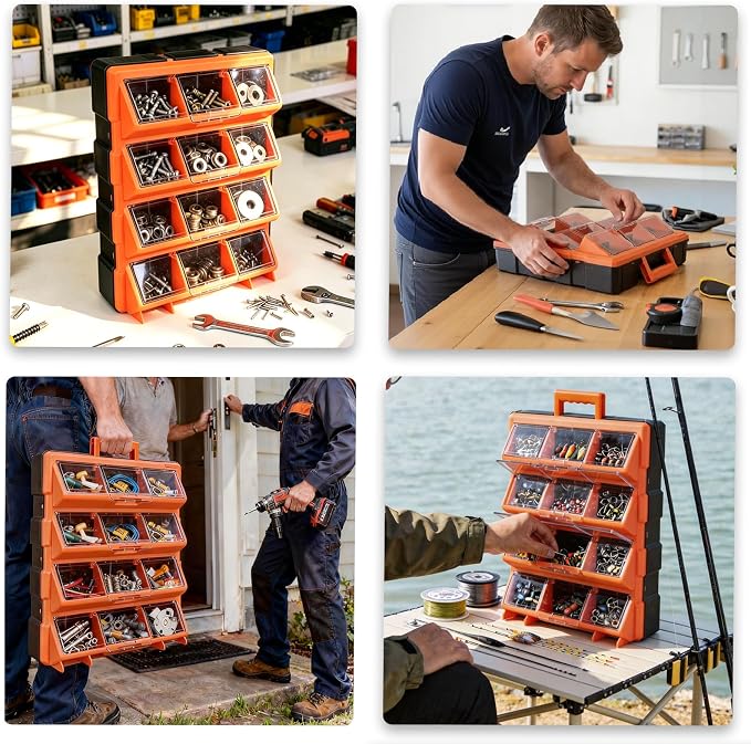 ULIBERMAGNET Tool Box Organizer,12-Compartment Portable Small Parts Organizer for Screws, Bolts,Nails,Washers, Wall-Mounted Hardware Storage Boxes for Garage, Truck, Workshop (Orange)