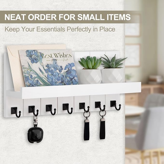 Key Holder for Wall, Decorative Key Holder with Shelf, Key and Mail Holder Wall Mount, Farmhouse Decor with 7 Key Hooks for Keys, Coats, ect.