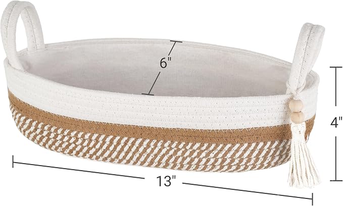 Mkono Toilet Paper Basket, Boho Bathroom Decor, Small Storage Organizer | White and Brown, 13"L x 6"W, Back of Toilet Basket, Decorative Woven Tray with Handles, Space-Saving, Living Room Bedroom