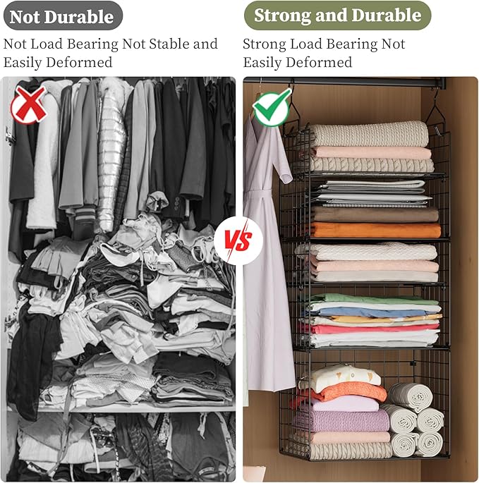 X-cosrack Closet Hanging Organizer Shelves - 5 Tier Wardrobe Organizers and Storage Bin, Hanging Organizer Shelves, Clothes Shelf with Adjustable Dividers for Bedroom Closet Sweater Shoes Handbag