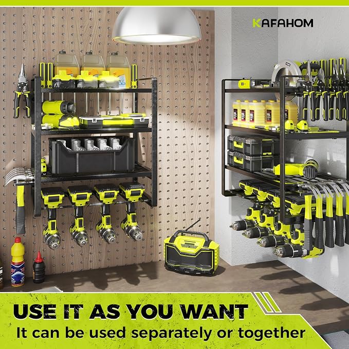 Power Tool Organizer, 8 Drill Holder Wall Mount, 4 Layers Garage Tool Organizers and Storage Rack, Tool Shelf with Screwdriver/Plier/Hammer Holder