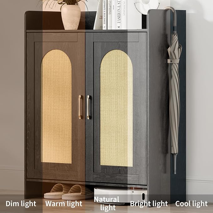 Garvee Shoe Cabinet Storage for Entryway, Rattan Storage Cabinet, Wooden Shoe Rack with 2 Doors, Farmhouse Boho Wood Shoe Organizer Cabinet for Entrance Hallway Living Room Foyer