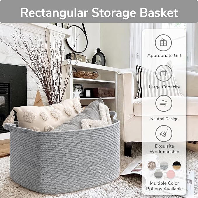 Goodpick Large Toy Storage Basket, Woven Rope Organizer, Gray | 21.6 x 14.9 x 11.8 in, Reinforced Handles, Living Room, Bedroom & Nursery Organization, Toys, Blankets & Towels Storage