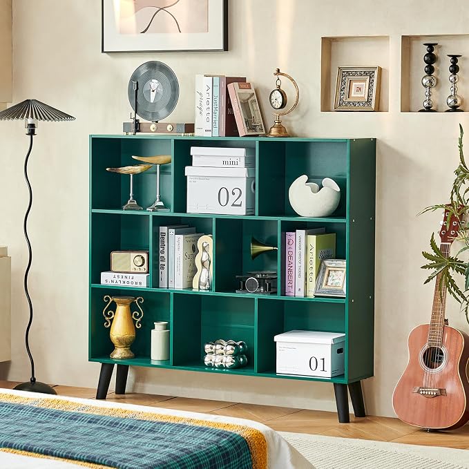 LEYAOYAO 10 Cube Bookshelf,Mid-Century Modern Bookcase with Legs,Dark Green | 3 Tier Book Shelf,Rustic Wood Bookshelves Freestanding Large Storage Organizer, Open Shelves for Bedroom, Living Room, Office