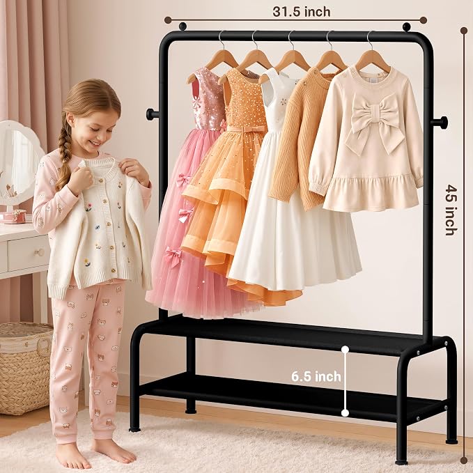 mirolam Kids Clothing Rack - Small Garment Rack - Small Kids Costume Wardrobe Rack with 2 Fabric Floors Storage Shelf - Mini Short Baby Toddler Clothes Rack