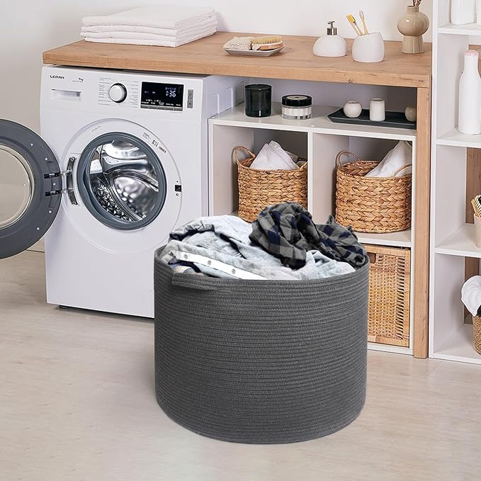 Large Dark Grey Storage Basket, Woven Cotton Rope Baskets for Storage, Big Blanket Organizer Storage Basket for Living Room, Kids Room Toy Storage Organizer Box, Blanket Keeper (22"x14")