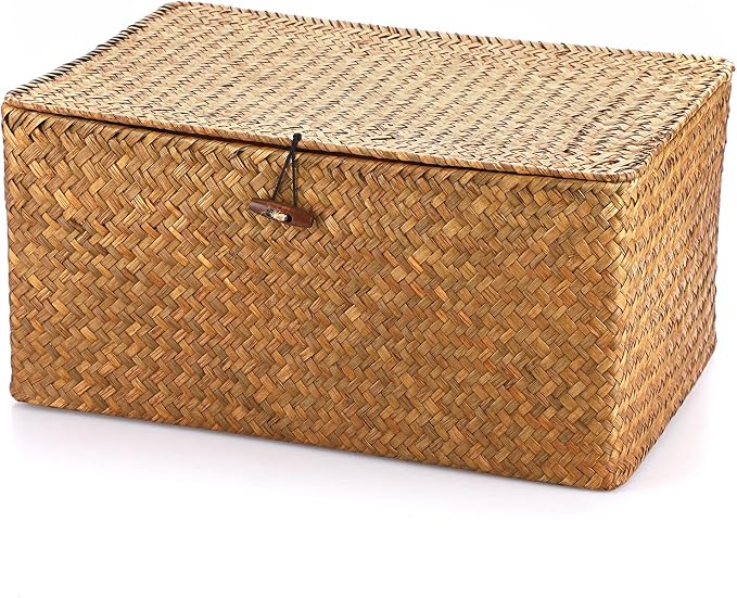 Hipiwe Wicker Shelf Baskets Bin with Lid Handwoven Storage Basket, X-Large | Rectangular Basekts Bins Natural Seagrass Household Basket Boxes for Shelf Wardrobe Home Organizer, Caramel