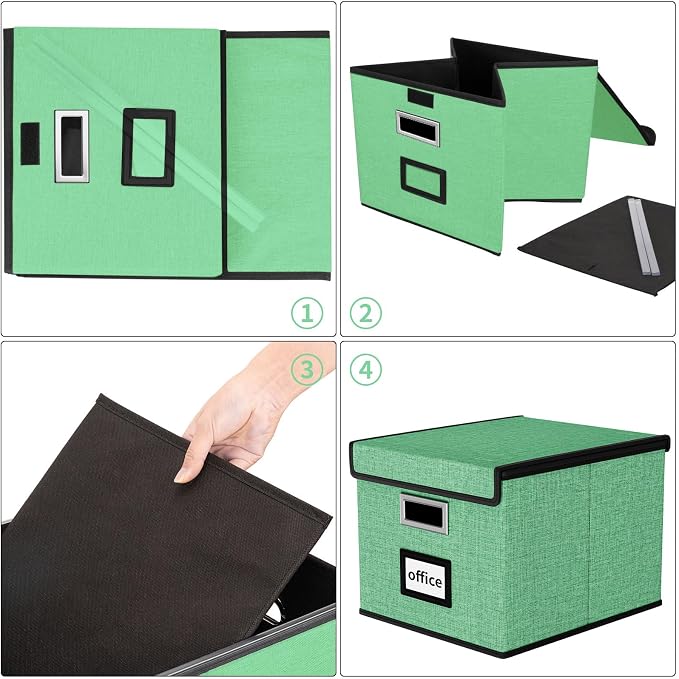 File Organizer Box with Lids, Collapsible File Folder Organizer | File Box with Plastic Slides for Document, Filing Bin for Letter Size Hanging File Folders (1 Pack, Light Green)