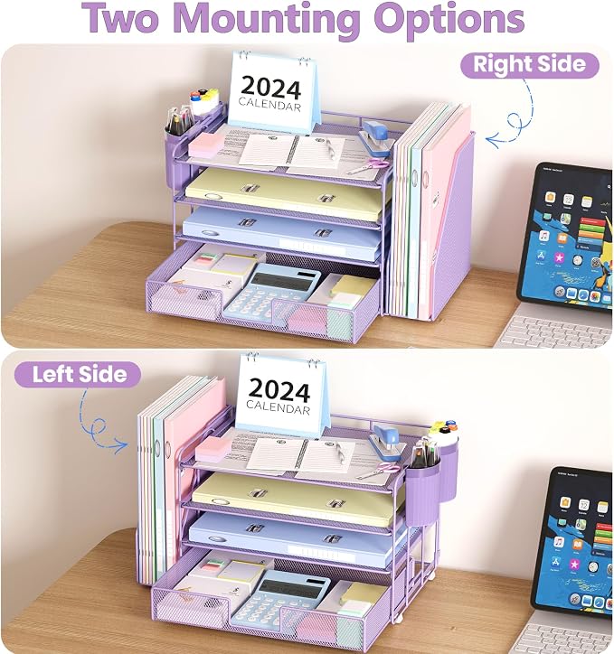 OPNICE Desk Organizer, 4-Tier Desktop File Organizer with Drawer and Pen Holders, Office Desk Accessories, File Sorters, Workspace Organizers for Office Supplies(Purple)