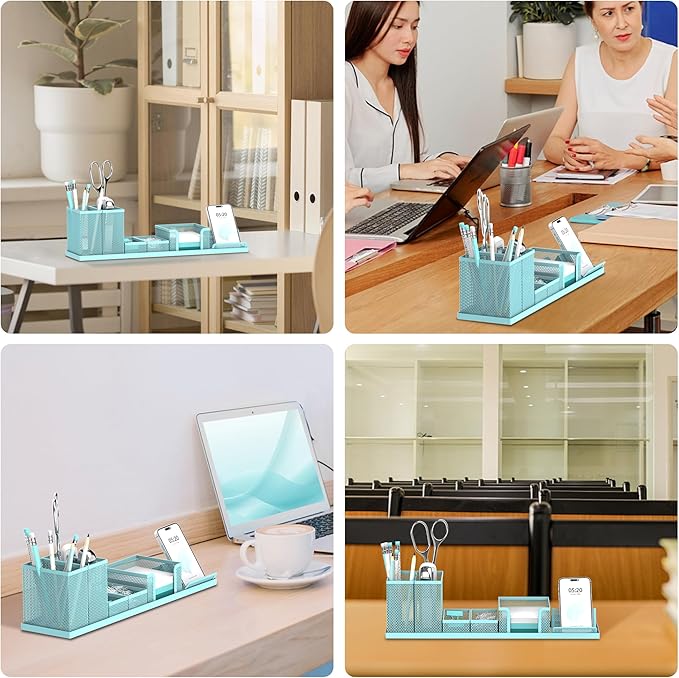 Pen Holder for Desk, 6-Piece Mesh Desk Organizer with Phone Holder, Blue | 6-Piece Black Mesh Desk Set Includes Pen Cups, a Sticky Note Caddy and Phone Holder for Office, School, Home