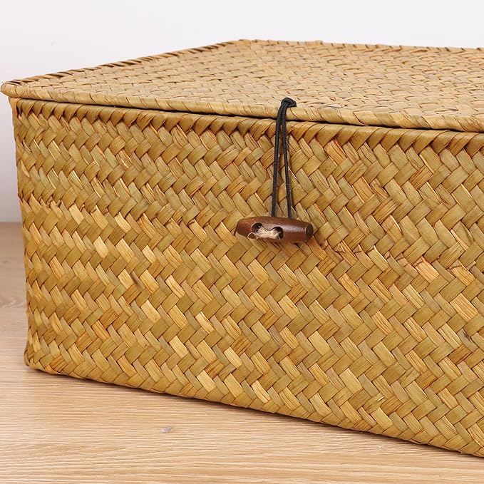 FEIALNDUO Wicker Shelf Baskets with Lid,Seagrass Storage Basket Bins Rectangular Handwoven Basket Boxes for Shelves Desktop Home Organizer (Natural, Small)
