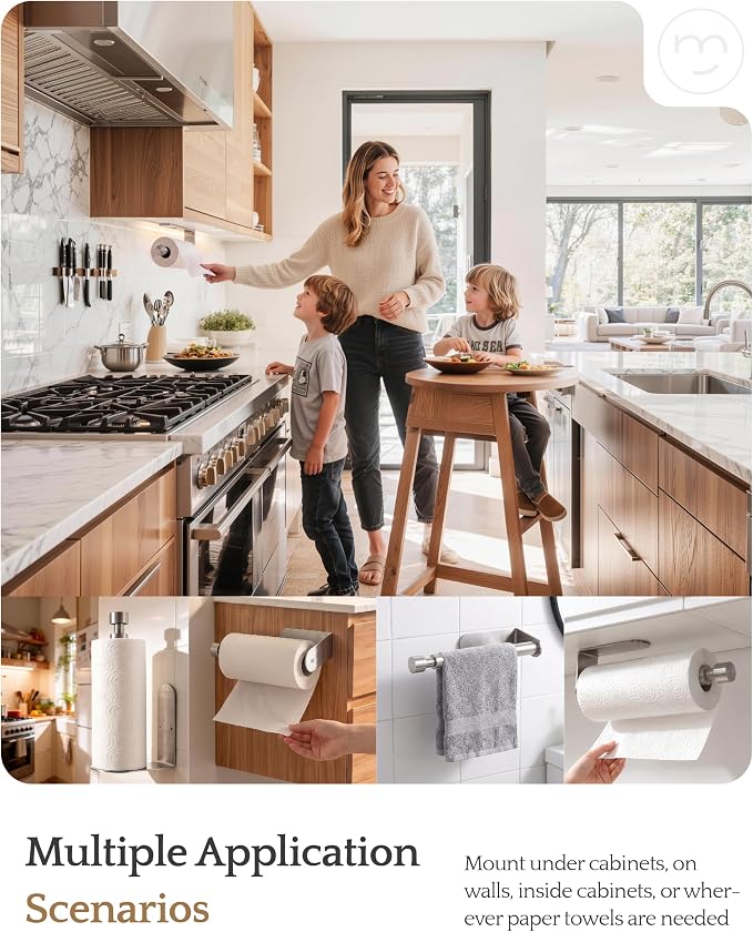 Paper Towel Holder Under Cabinet Adhesive or Drilling Silver | Drill Wall Mount or Adhesive, Easy Roll Loading, Heavy Duty, Stainless Steel Paper Towel Roll Rack for Kitchen, Bathroom