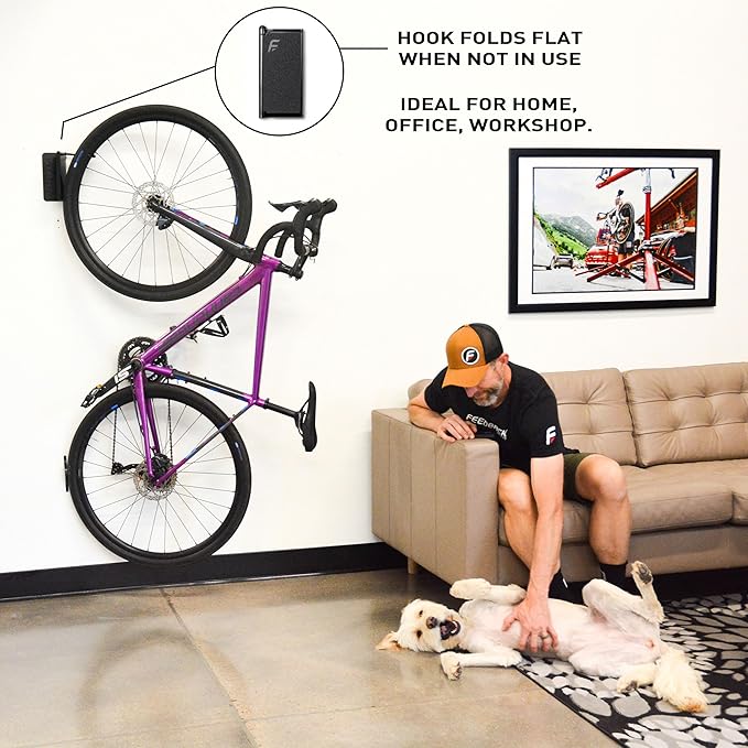FEEDBACK SPORTS Velo Hinge 2.0 Pivoting Swivel Bike Wall Mount, 1 Pack | Swivels bikes toward the wall for space-saving storage; fold-away hook works in garages, apartments and sheds