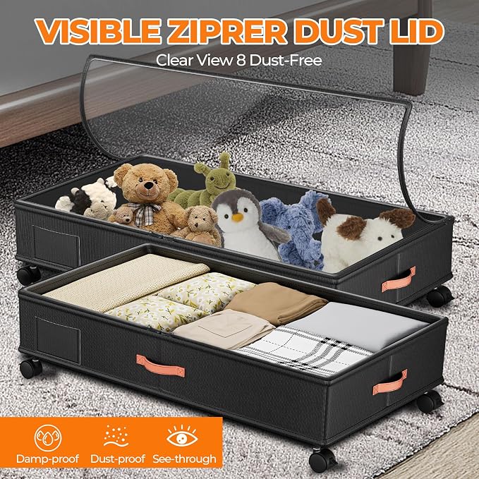 Under Bed Storage with Wheels,2-Pack Under Bed Storage Containers with Clear Lids,XXL Large Under the Bed Storage Organizer Bins With Handles,Space Saving Design for Clothes,Shoes,Books-Black