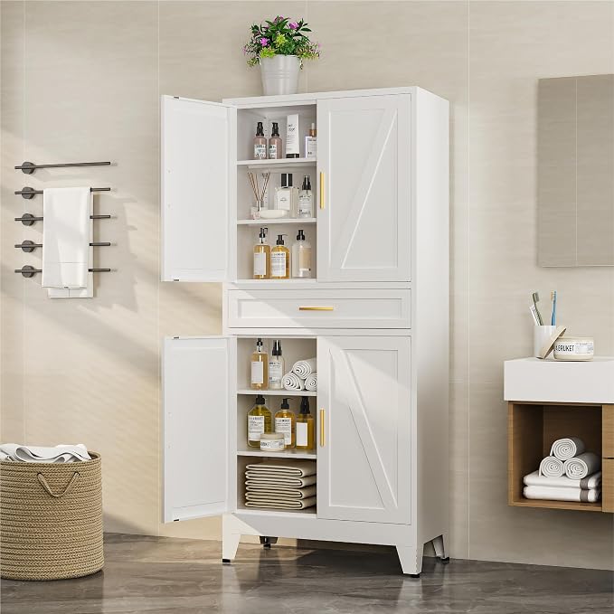 Bevivog 71" Kitchen Pantry Cabinet, Metal Storage Cabinet with Drawer, 2 Doors and 4 Adjustable Shelves Cabinet for Home Office Laundry Living Room Farmhouse White Metal Pantry