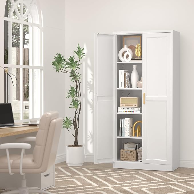 UNICOLY 71" Kitchen Pantry Cabinet, Metal Pantry Storage Cabinet with Doors | Tall Storage Cabinet with 4 Shelves, White Storage Cabinets for Kitchens, Living Room, Dinning Room, Assembly Required
