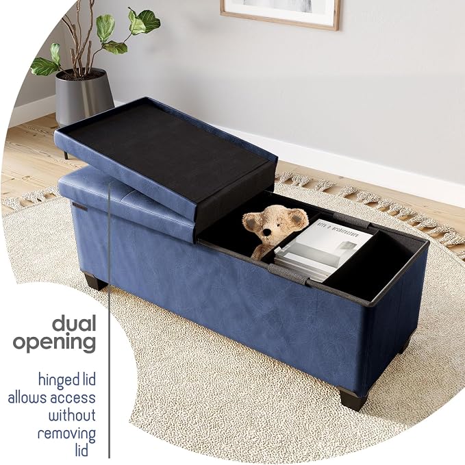 Storage Ottoman Bench with Bins, 43-in Storage Bench for Bedroom End of Bed, Folding Foot Rest Ottoman for Living Room Max 660lbs, Leather Ottomans, Blue