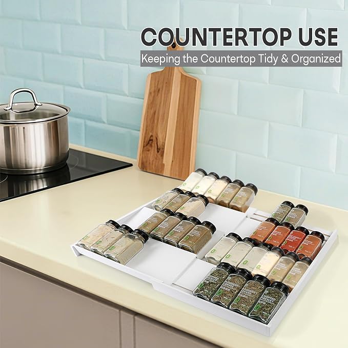 Bamboo Spice Drawer Organizer, (Need 3.1” Deep Drawer) Expandable 4 Tier Spice Rack for Cabinet (From 12" to 23" Wide), Seasoning Storage Insert, Spice Organizer for Drawer,Jars Not Included