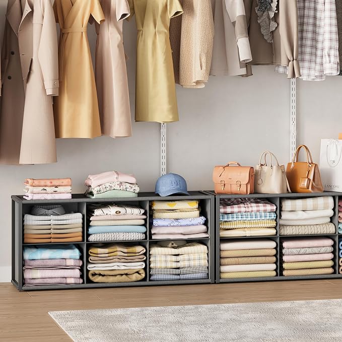 Hongtamoya Stackable Closet Organizer Shelf,6 Cube Bins Storage Basket for Clothes, Handbags Sweaters Jeans Pants Shirt, Space Saving Closet Organizer for Bedroom Wardobe, Closet System-Grey