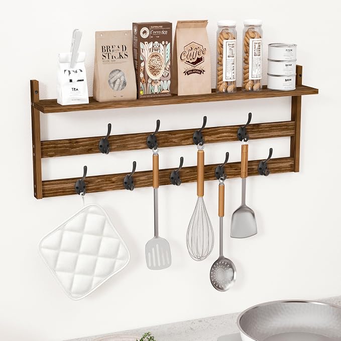 AMBIRD Coat Rack Wall Mount with Shelf, 29" Coat Hooks Wall Mounted with 9 Metal Hooks for Entryway, Bathroom, Bedroom, Living Room, Kitchen, 2 Tier Wall Hooks for Clothes, Hat, Towel, Key, Purse