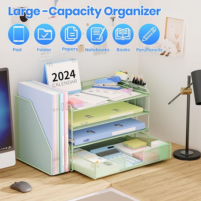 OPNICE Desk Organizer, 4-Tier Desktop File Organizer with Drawer and Pen Holders, Office Desk Accessories, File Sorters, Workspace Organizers for Office Supplies(Green)