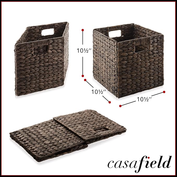 Casafield 10.5" x 10.5" Water Hyacinth Storage Baskets, Espresso - Set of 2 Collapsible Cube Organizers, Woven Bins for Bathroom, Bedroom, Laundry, Pantry, Shelves