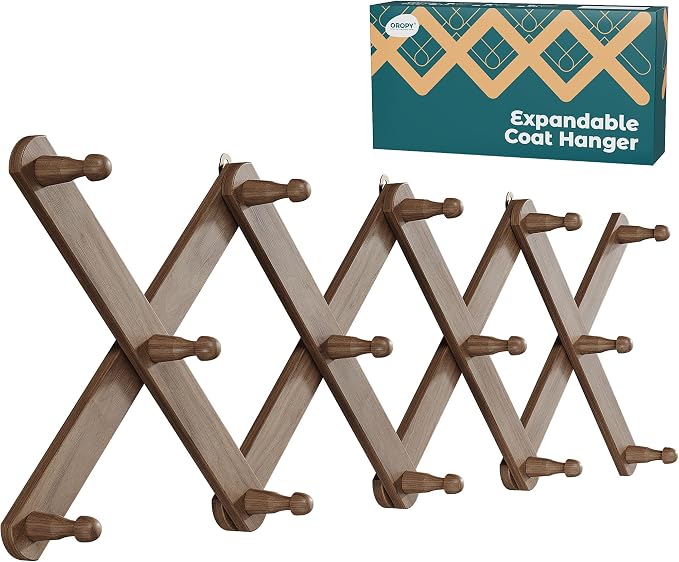 OROPY Accordion Wall Hanger with 14 Pegs, Expandable Wooden Coat & Hat Rack | Walnut Color, Hat Display Rack, X Shape Rack for Coat, Hats, Bags, Baseball Caps, Coffee Mug, Jewelry