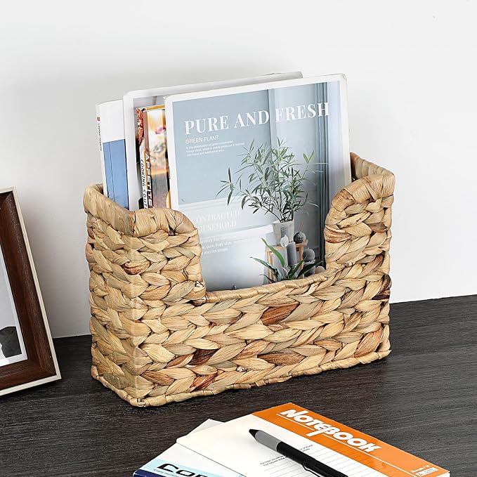 BTSKY Woven Hanging Magazine Holder, Water Hyacinth Magazine Basket, Wall Mounted Storage Basket for Books & Files, Wall File Organizer Magazine Rack with Handle for Home & Office - 11.8x4.3x7.9 Inch