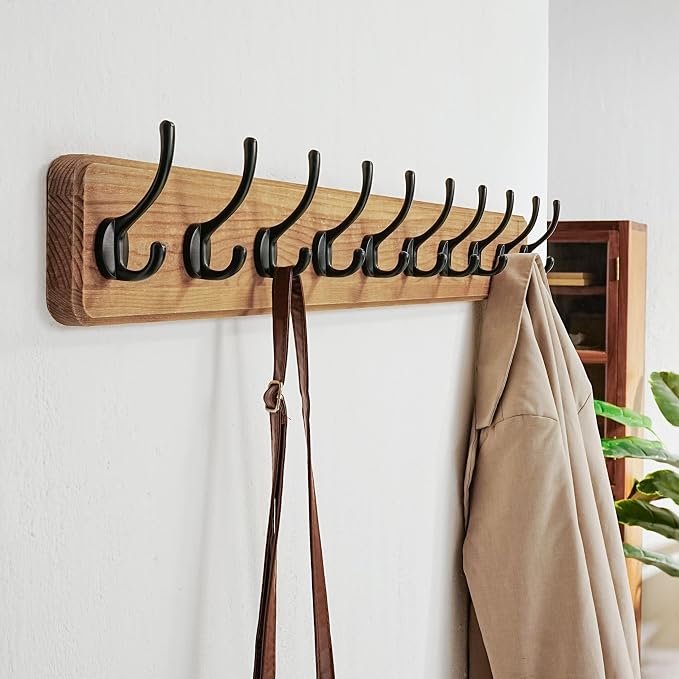 Coat Rack Wall: 38-1/4" Long, Patented, Heavy-Duty, 10-Double-Hooks Wooden Wall Mounted Coat Rack Coat Hanger Hook Rail for Winter Coats Hat Jacket Clothing, Weathered Brown