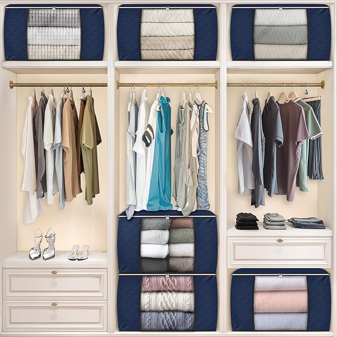 Fab totes 24 Gallons Clothes Storage, Foldable Thick Fabric Blanket Storage Bags,Containers for Organizing Bedroom, Closet, Clothing, Comforter,Organization with Handle (8 Pack,Blue)