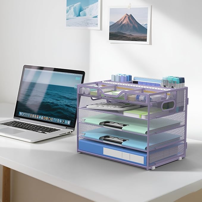 Docnest 5 Tier Mesh Desk Organizer with Removable Tray&Pen Holder, Purple | Features 3 detachable pen holders and 4 removable dividers.Versatile mesh desktop storage for mail, document,office supplie