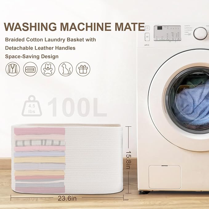 100L Extra Large Woven Laundry Basket Hamper with Handles, White | collapsible wicker hamper, storage for dirty clothes, toys, blankets, gifts, living room, bedroom, bathroom, 24"x16"x16"