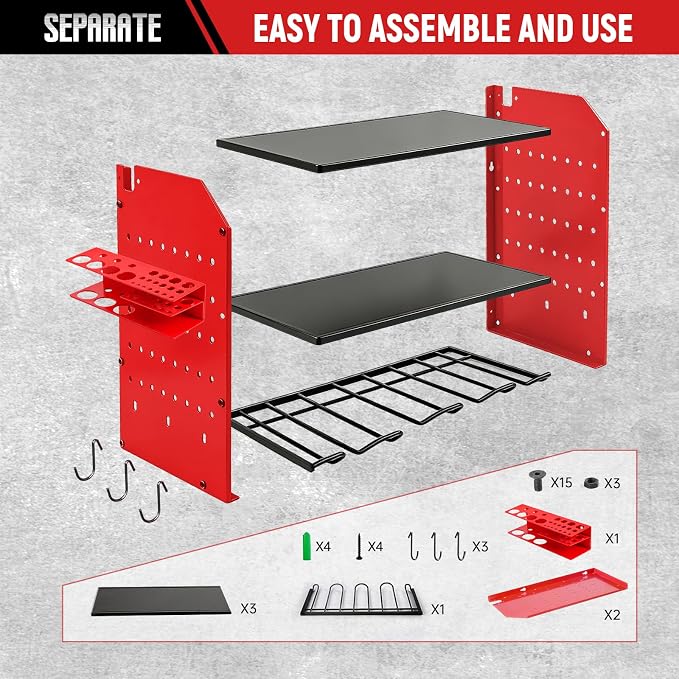 Power Tool Organizer Wall Mount,Power Drill Tool Holder | 200lb Heavy Duty Tool Shelf,4 Tier Cordless Tool Organizerwith 4 Drill Holders & 3 Divider Panels,Red