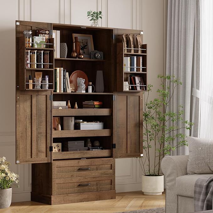 71" Tall Farmhouse Kitchen Pantry Cabinet with 3 Pull Out Shelves & 2 Large Drawers, Pantry Storage Cabinet with 6 Door Shelf & Adjustable Shelf, Freestanding Cupboard for Kitchen, Dining Room