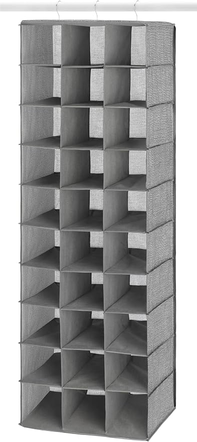 Whitmor 30 Sections Hanging Clothes Closet Shoe Organizer, Space Saving Breathable Fabric Shoe Storage for Bedroom, Laundry, Dorm, Crosshatch Gray