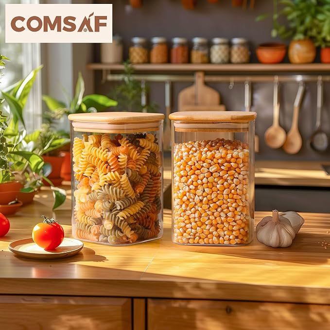 ComSaf Glass Storage Containers wtih Lids 1.2 Qt, Set of 6 Food Storage Jar | Glass Pantry Storage Containers, Square Kitchen Canisters, Pantry Organizers, Tea, Oat, Spice, Coffee, 37oz Jars, BPA Free