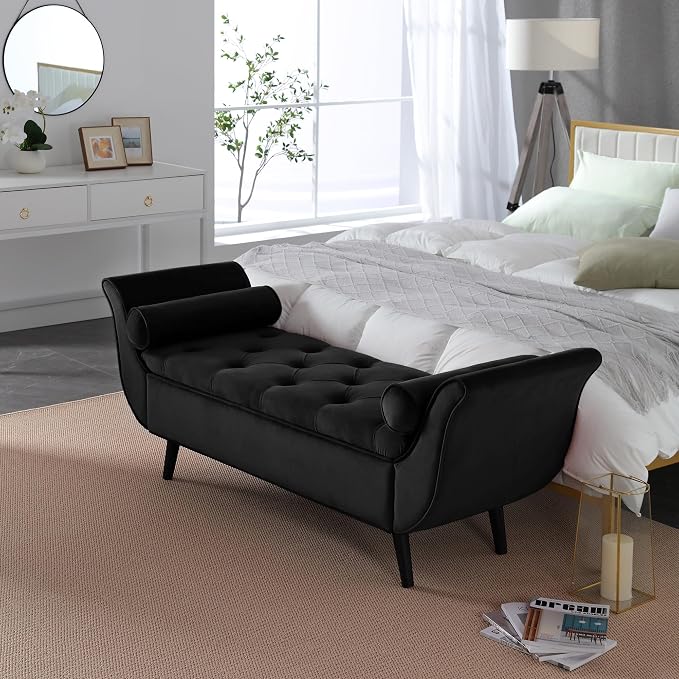 Velvet Storage Bench 65" Tufted End of Bed Ottoman with 2 Pillows (Black)