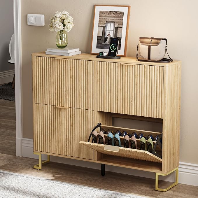 Fluted Shoe Cabinet Storage with 4 Flip Drawers, Wood Narrow Hidden Shoe Cabinet with Metal Legs & Adjustable 2 Tier Shelf for Entryway, Freestanding Slim Shoe Rack Organizer for Hallway Living Room