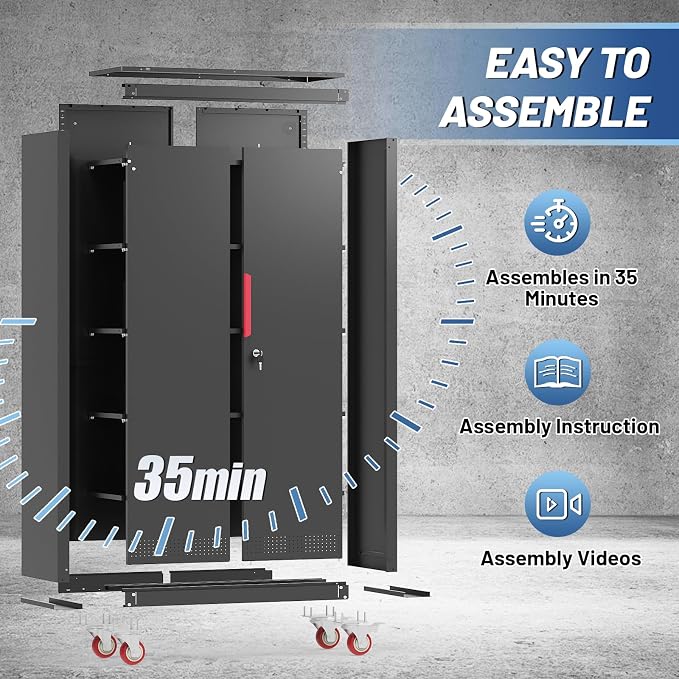 Metal Storage Cabinet with Wheels,71"Garage Cabinets with Lock Door | Heavy-Duty Garage Tool Cabinet with 4 Adjustable Shelves,Garage Cabinet and Storage System for Garage,Home Workshop & Office