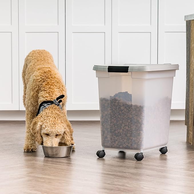IRIS USA Dog Food Storage Container, Up to 50 lbs, Clear/Gray, Made in USA | Wheels for Mobility, Airtight Seal, BPA-Free, Best for Bird Seed, Cat food, Cat Litter, Chicken Feed, Pellets