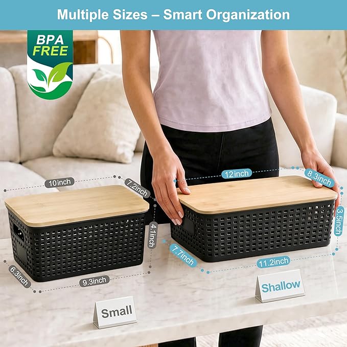 Bagnizer 4 Pack Plastic Storage Bins with Bamboo Lids, 6.2qt Stackable Storage Organizer Box with Lable for Pantry Shelves Drawers Desktop Office, 12"L x 8.3"W x 3.5"H, Black