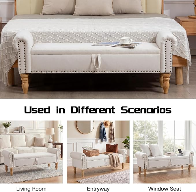 60" Storage Bench for Bedroom,End of Bed Bench with Storage | Linen King Size Bench with Rolled Arms,Storage Ottoman Benches for Living Room,Entryway,Benches for Foot of Bed,Beige