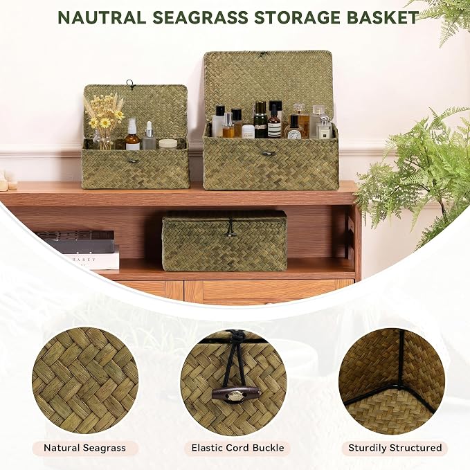 Nonam Storage Basket with Lid, Natural Seagrass Bin with Lid Set of 3, Shelf Baskets Multipurpose Container for Boho Decoration, Rectangular Storage Boxes for Home Organization- Dark Moss Green