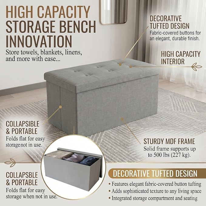 HOME DESIGN Florence 30" Upholstered Folding Storage Ottoman Bench, Tufted Top, Space-Saving Storage, Gray Linen Fabric