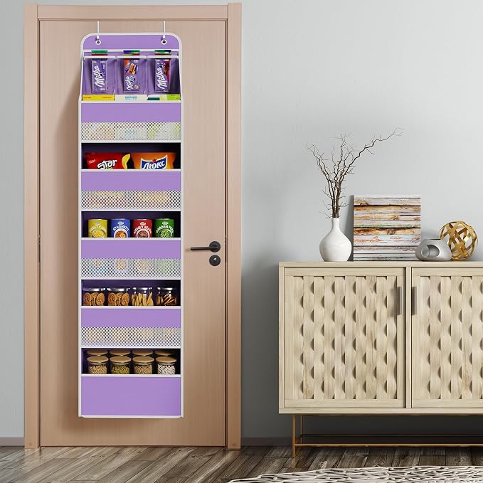 Univivi Fabric Over the Door Organizer for Baby Nursery, Purple, 6-Shelf | Door Storage with Large Capacity Breathable Mesh Pockets, Over Door Hanging Organizer for Baby Essential, Bedroom, and Dorm