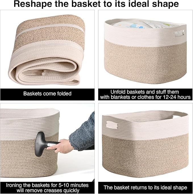 ICERZCZ Extra Large Blanket Basket for Living Room, Rectangle Woven Cotton Rope Storage for Blankets, Toys, Clothes, Shoes, 25”x16”x16”, Off White & Brown, 108L