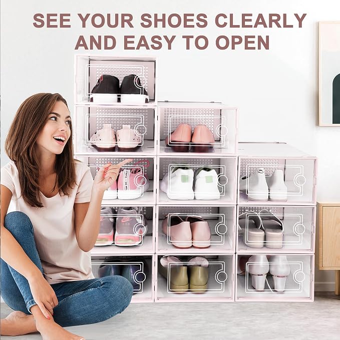 Kuject Shoe Organizers Storage Boxes for Closet, 12 Pack Clear Plastic Stackable Storage Bins with Lids, Under Bed Shoe Containers for Entryway, Drop Front, Fit up to Women's Size 10,Pink | Shoe organizers for closet & entryway, under-bed,Drop-front de...