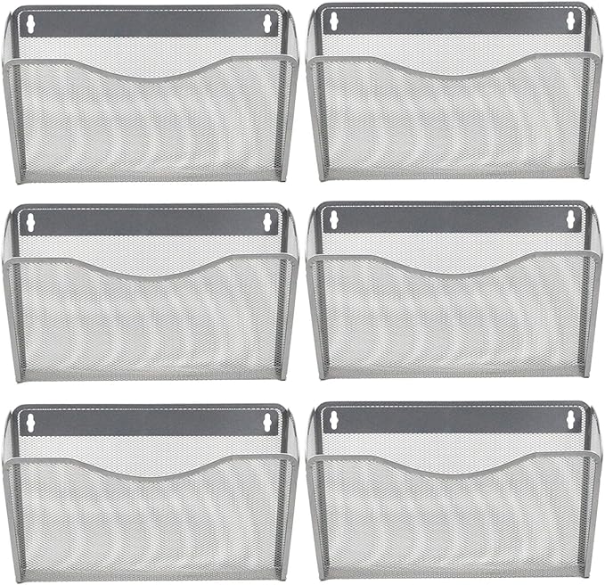 EASEPRES 6 Single Pocket Mesh Hanging File Organizer, Vertical Wall Mounted Magazine File Holder, Mount Basket Mail Paper Document Folder Organizing for Office, Home and School, Silver